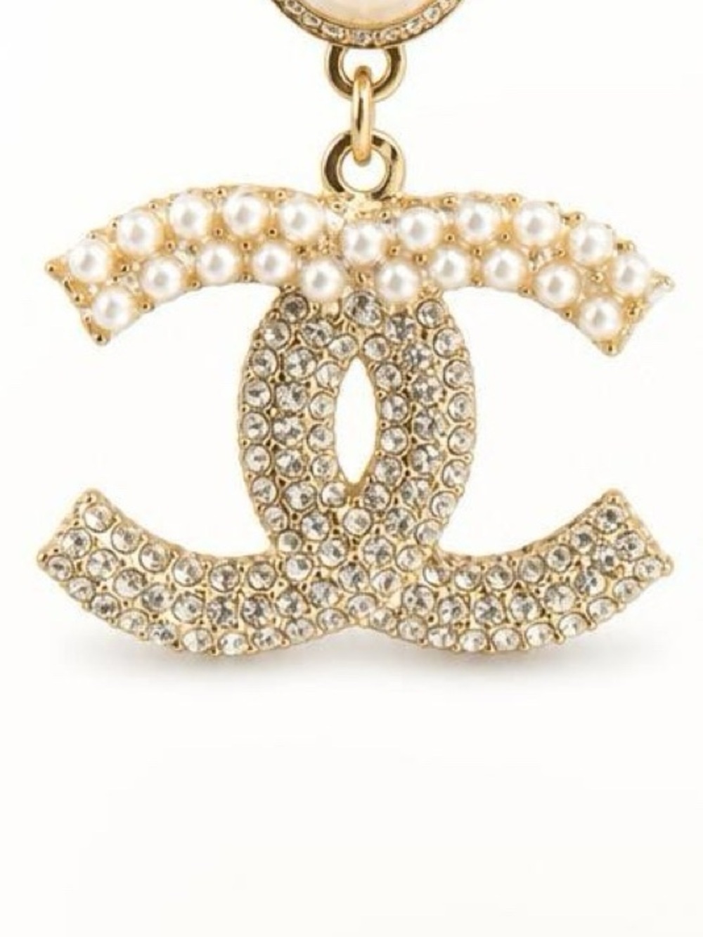 Beautiful Gold-tone Pearl & Crystal Rhinestone CC Drop Earrings - Picture 6 of 6